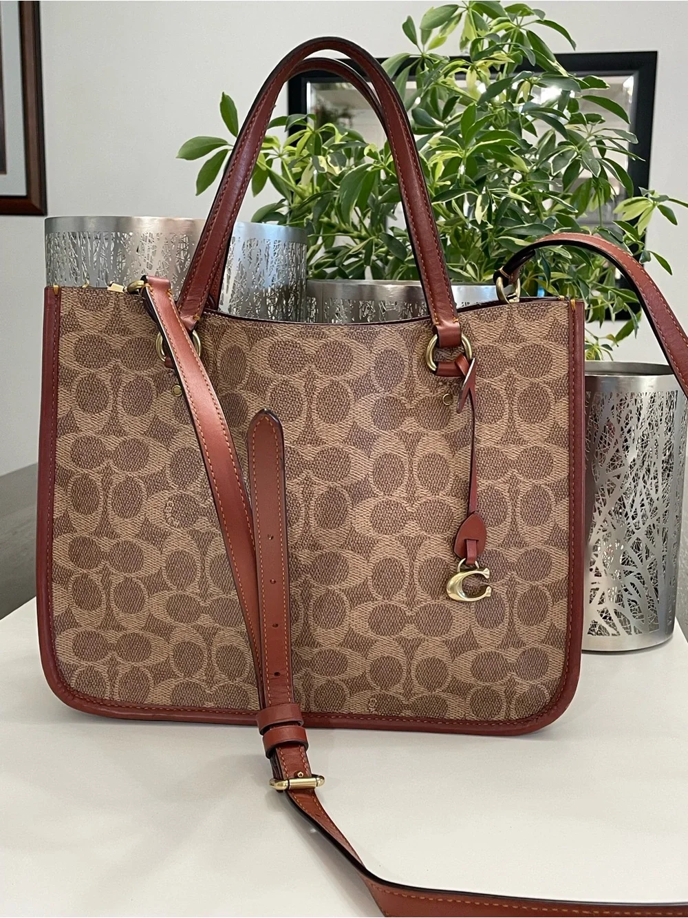 Coach Brown Signature Canvas Tote with Saddle Leather Trim